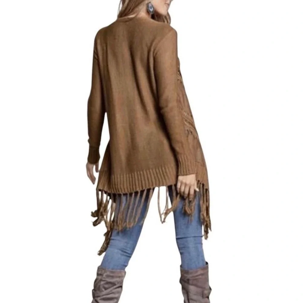 Venus‎ Open Front Cardigan Brown Faux Suede Crochet Fringe Sweater Boho Womens S